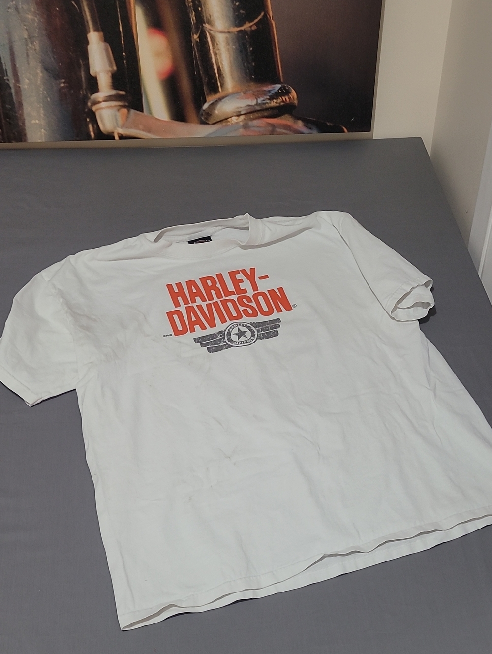 Dirty! Harley-Davidson White Tee with Orange Logo and Gray Emblem